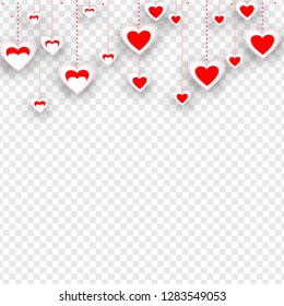 Sticker style heart shapes hanging on transparent background. Love banner or template design.