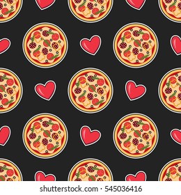 Sticker Style Hearts and Pizza with Sausage Tomato Bell Sweet Pepper Olives Rucola on Dark Background Vector Seamless Pattern