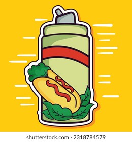 Sticker Style Hot Dog and Sauce Bottle Icon on Yellow Background.