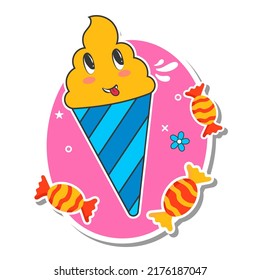 Sticker Style Ice Cream Cone With Toffee, Flowers On Pink And White Background.