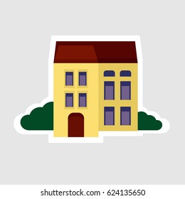 Sticker style icon of house with trees. Bright yellow building with white outline