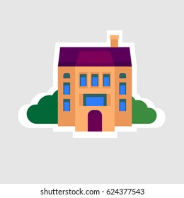 Sticker style icon of house with trees. Orange building with white outline
