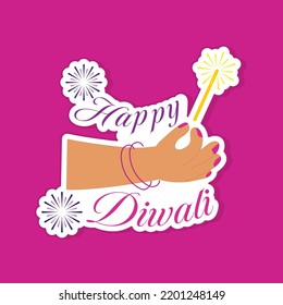 Sticker Style Indian Woman Holding Sparkling Stick Hand Over Pink Background For Happy Diwali Celebration.