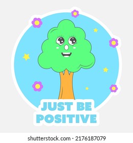 Sticker-Stil einfach nur positive Schriftart mit Cartoon Baum, Blumen, Sterne auf blauem und grauem Hintergrund.