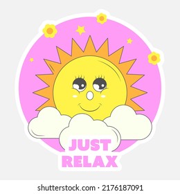 Sticker Style Just Relax Lettering With Smiley Sun, Flowers, Stars, Clouds On Pink And Gray Background.