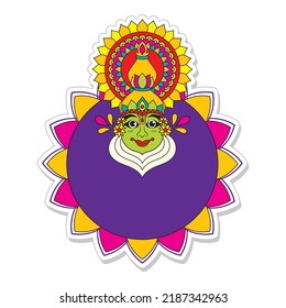 Sticker Style Kathakali Dancer Face With Empty Mandala Frame On White Background.