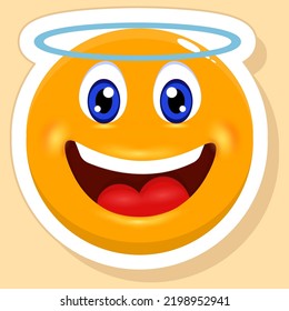 Sticker Style Laughing Angel Cartoon Emoji Yellow Background.