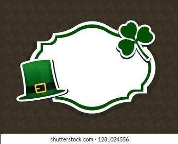 Sticker style leprechaun hat with space for your message on brown seamless background for St. Patrick's Day celebration concept.