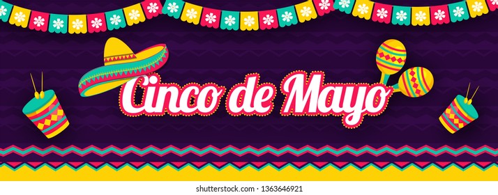 Sticker style lettering of Cinco De Mayo with illustration of sombrero hat, maracas and drum on purple background. Festival celebration header or banner design.