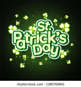 Sticker style lettering of St. Patrick's Day with clove leaves on glossy green background can be used as greeting card design.