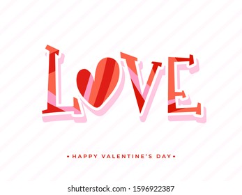 Sticker Style Love Text on White Striped Background for Happy Valentine's Day.