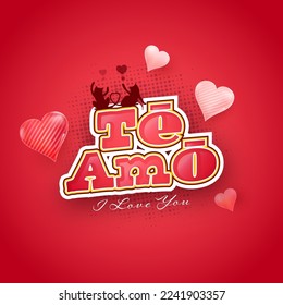 Sticker Style I Love You (TE AMO) Text Written In Latin Language With Silhouette Cat Couple And Heart Balloons On Red Halftone Effect Background.