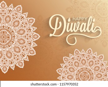Sticker style mandala pattern on shiny brown background for Indian Festival Diwali celebration.
