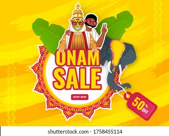 Sticker Style Onam Sale with Kathakali Dancer, South Indian Man, Elephant Face, Banana Leaves and 50% Discount Tag on Yellow Brush Stroke Texture Background.