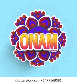Sticker Style Onam Text on Rangoli (Atham) and Blue Background.