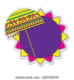 Sticker Style Onam Umbrella (Olakkuda) And Round Mandala Frame On White Background.