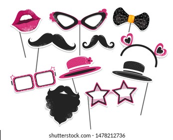 Sticker style party or photo props set on white background.