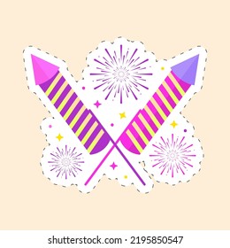 Sticker Style Pink And Yellow Cross Firecracker Rocket With Firework Blast Background.