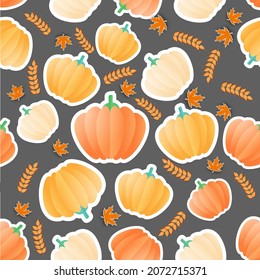 Calabazas De Estilo Sticker Con Hojas De Maple Y Fondo Gris Decorado Con Oído De Trigo.