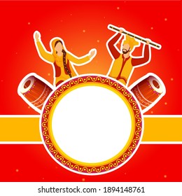 Sticker Style Punjabi Couple Performing Folk Dance With Dhol Instruments And Empty Circular Frame Given For Message On Red Background.