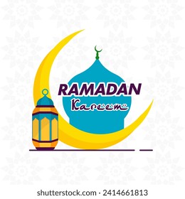 Sticker Style Ramadan Kareem Font with Crescent Moon, Mosque Dome and Lantern on White Islamic Pattern Background. Can Be Used as Greeting Card Design.