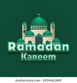 Sticker Style Ramadan Kareem Font with Beautiful Mosque Illustration on Green Background. Can Be Used as Greeting Card.