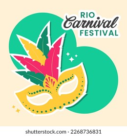 Sticker Style Rio Carnival Festival Font With Party Feather Mask On Green And Pastel Yellow Background.