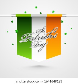 Sticker Style St. Patrick's Day Font with Ireland Flag and Shamrock Leaves on White Background.