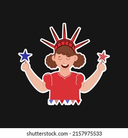 Sticker Style Statue Liberty Hat Wearing Cheerful Girl With Holding Fireworks Stick Over Black Background.