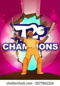 Sticker Style T20 Champions Font With Faceless Cricket Batter In Winning Pose On Abstract Background.