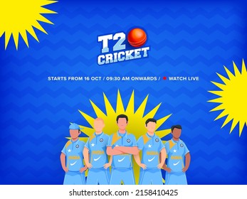 Sticker Style T20 Cricket Font With Red Ball, Faceless India Cricketer Player Team On Yellow And Blue Zigzag Lines Background.