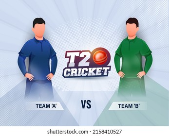 Sticker Style T20 Cricket Font With Red Ball, Faceless Cricketer Players Of Participating Team A VS B On Blue Rays Halftone Background.