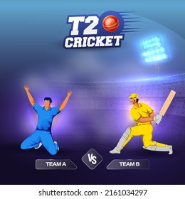 Sticker Style T20 Cricket Font With Red Ball, Participating Team A VS B Of Faceless Cricketer Players On Blue And Orange Stadium Lights Background.