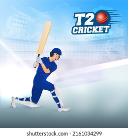 Sticker Style T20 Cricket Font With Batsman Player In Playing Pose On Abstract Blue Shiny Stadium Background.