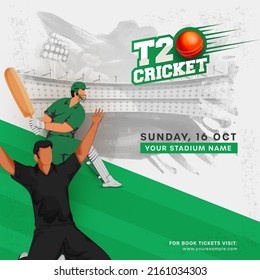 Sticker Style T20 Cricket Font With Red Ball, Faceless Cricketer Players In Action Pose On Green And Gray Brush Effect Background.