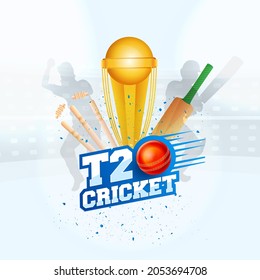 Sticker Style T20 Cricket With Red Ball, Bat, Hit Stump, 3D Golden Trophy Cup And Silhouette Players On Stadium Background.