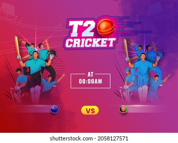 Sticker Style T20 Cricket Text With Realistic Ball And Participating Team New Zealand VS Afghanistan On Abstract Background.