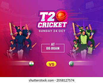 Sticker Style T20 Cricket Text With Realistic Ball And Participating Team India VS Pakistan On Abstract Background.