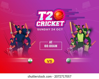 Sticker Style T20 Cricket Text With Realistic Ball And Participating Team India VS Pakistan On Abstract Background.