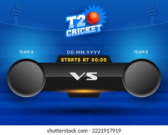 Sticker Style T20 Cricket Text With Red Ball, Empty Round Badge Of Participating Team A VS B On Blue Stadium Background.