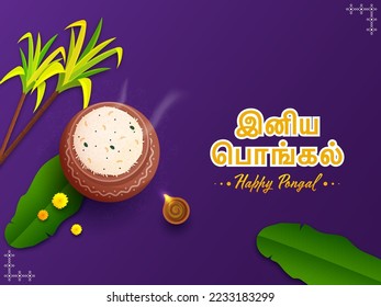 Sticker Style Tamil Lettering Of Happy Pongal With Top View Of Pongali Rice In Clay Pot, Banana Leaves, Sugarcane And Lit Oil Lamp On Purple Background.