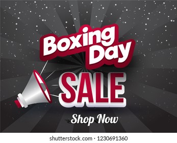 Sticker style text Boxing Day Sale with megaphone on grey rays background for advertising poster or template design.