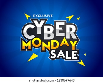 Sticker style text Cyber Monday Sale with abstract elements on blue ray background. Advertising poster or template design.