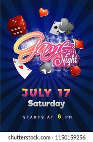 Sticker style text Game Night on halftone rays background with casino elements for poster or banner design.