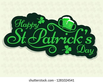 Sticker style text Happy St. Patrick's Day with beer mugs on seamless background