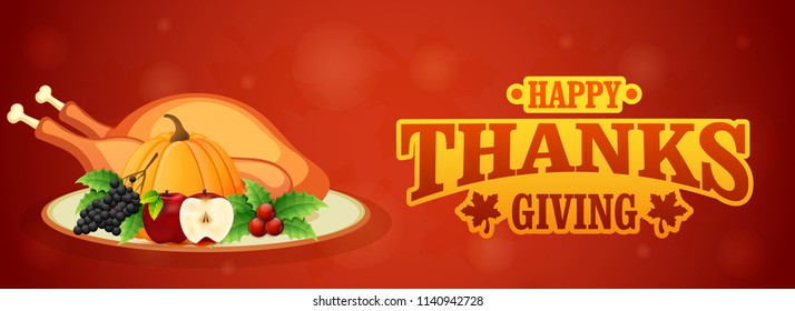 Sticker style text Happy Thanksgiving web herader or banner design. Fruit elements and chicken on plate with glossy red abstract background.