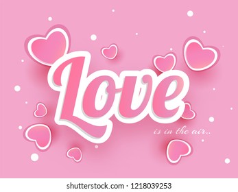 Sticker style text Love decorated with hearts on pink background.