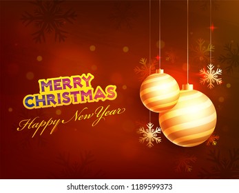 Sticker style text Merry Christmas and Happy New Year on shiny red background decorated with hanging golden baubles and snowflakes.