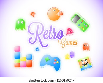 Sticker style text Retro Game with gaming icon on shiny purple background.