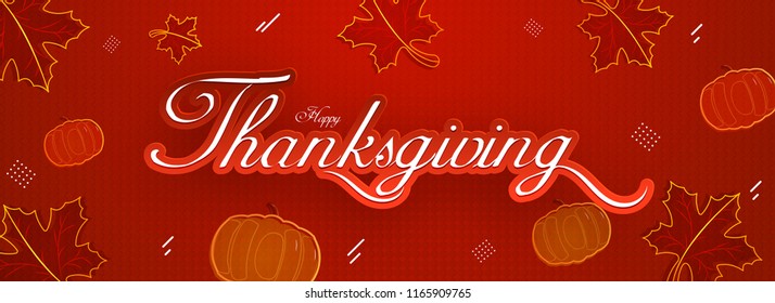 Sticker style text Thanksgiving on shiny red abstract background with festival elements like pumpkin and maple leaves decoration on website header or banner design.